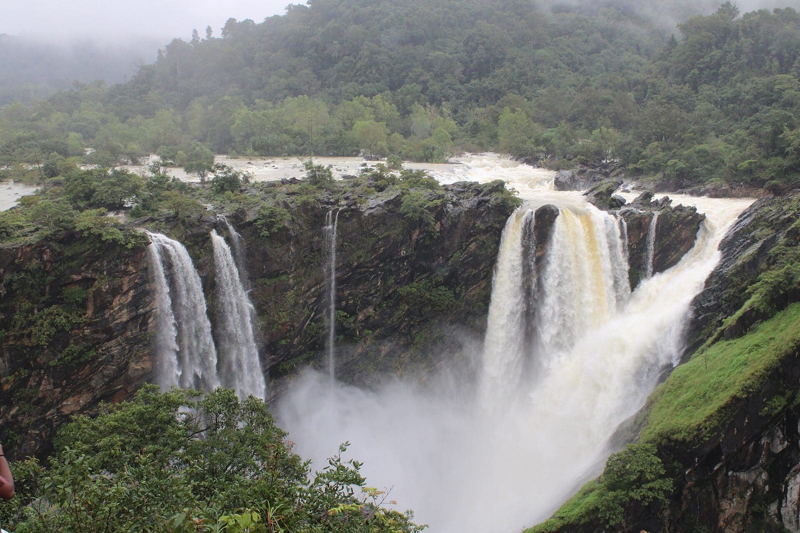 The tiered cascade of Jog Falls over green cliffs